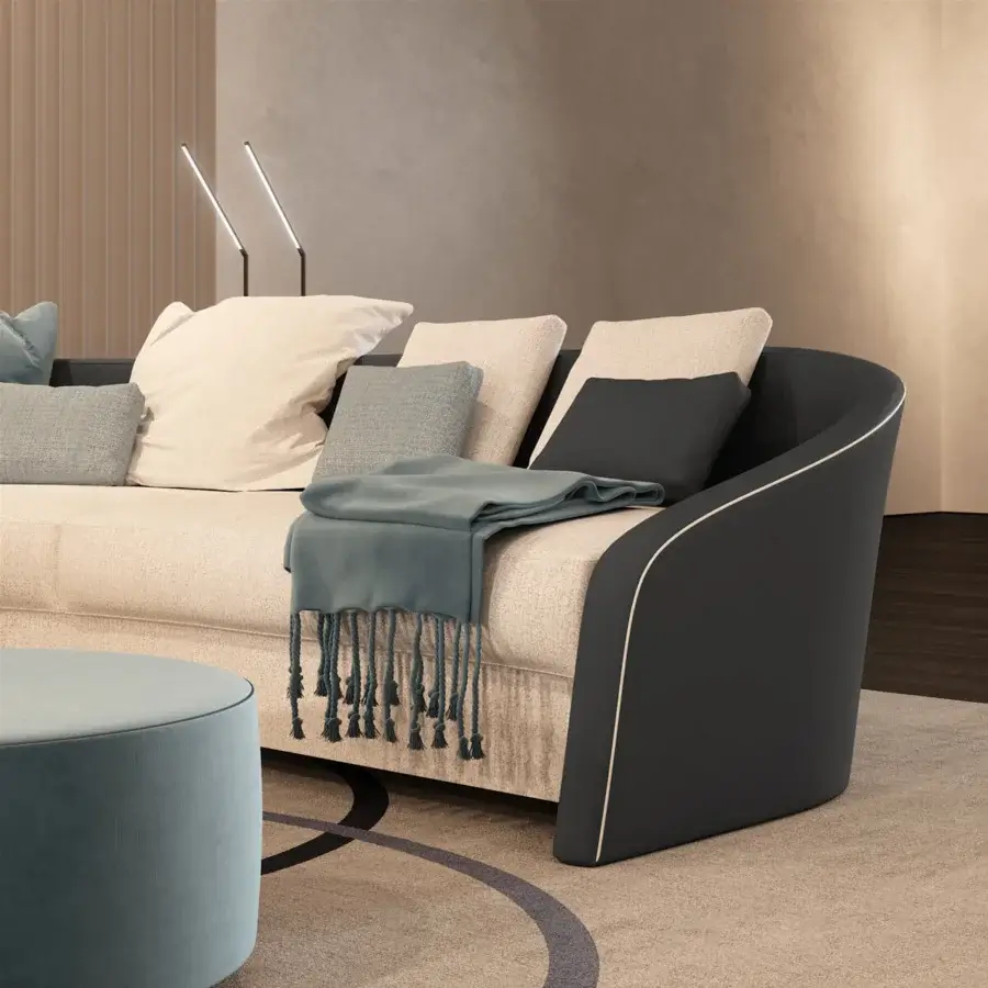 Superior Reflex Stratum sectional upholstered in textured light beige textile with a contrasting dark gray frame and curved silhouette