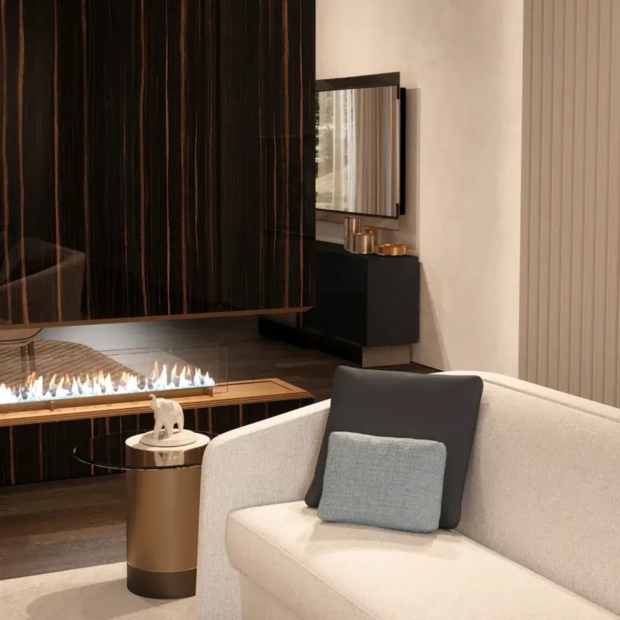 Exclusive Reflex Stratum sectional upholstered in textured light beige textile with dark gray and light blue cushions