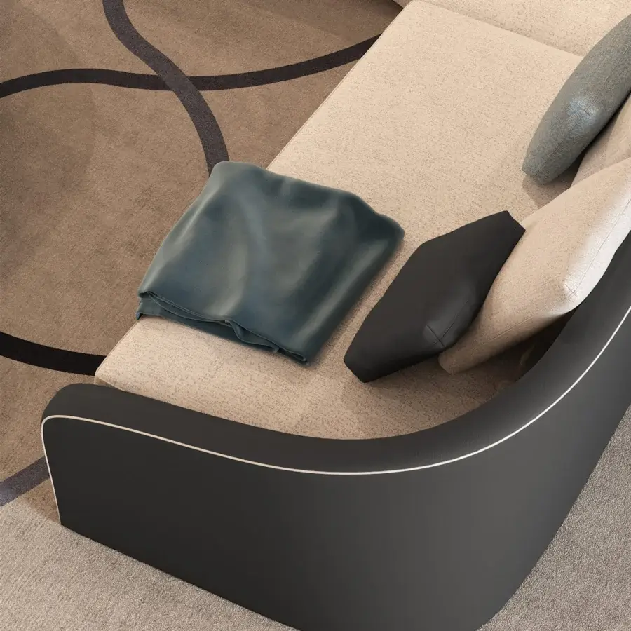 Distinguished Reflex Stratum sectional upholstered in light beige fabric with dark gray accents and several cushions