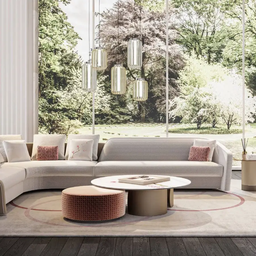 Exceptional Reflex Stratum sectional upholstered in light gray textile with beige accents and matte finish