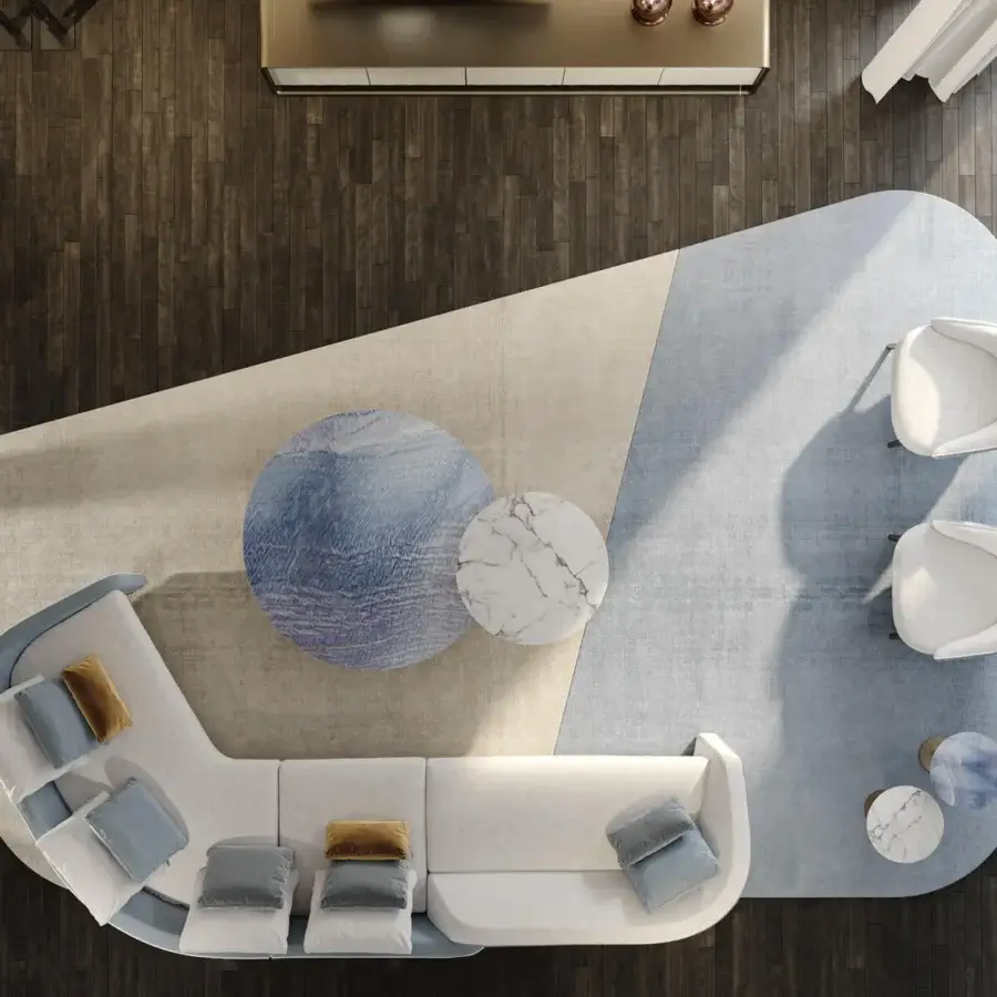 Lavish Reflex Stratum sectional with layered composition, light cream textile upholstery and smooth matte finish