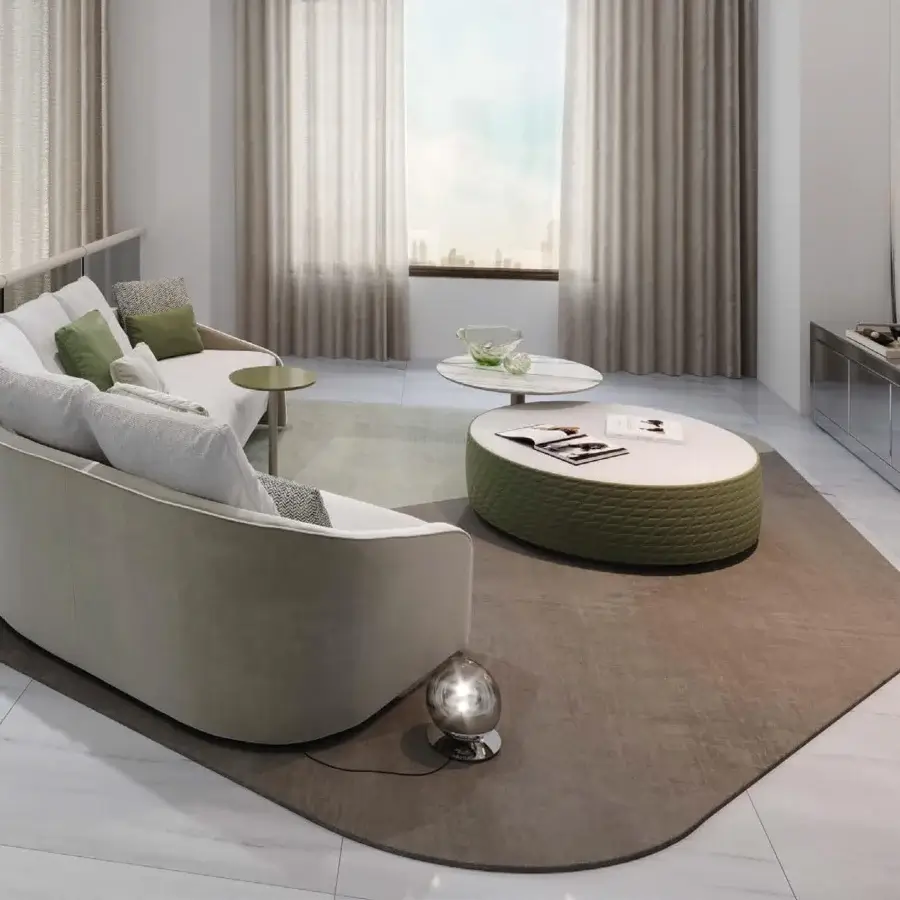 Distinguished Reflex Stratum sectional with layered depths, curved silhouette and light beige textile upholstery