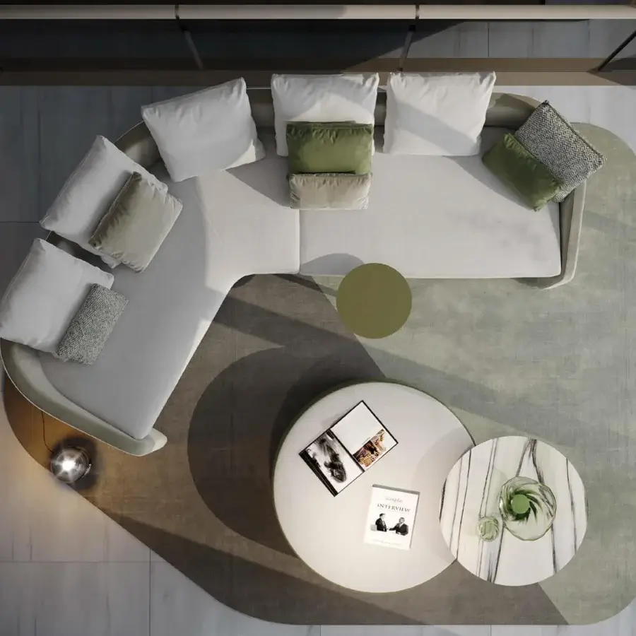 Exceptional Reflex Stratum sectional with layered design, organic silhouette and light neutral textile upholstery with smooth matte finish