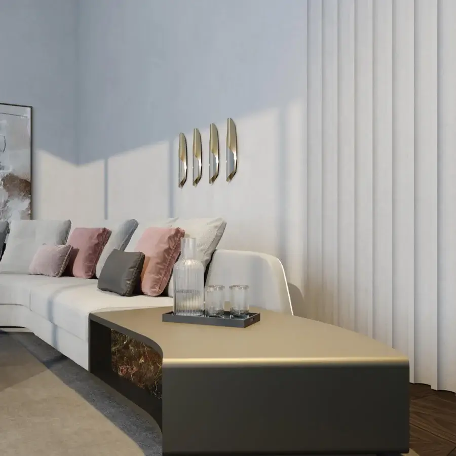 Lavish Reflex Stratum sectional with layered seat depths, curved form and plush cushions in grey, rose and pink tones