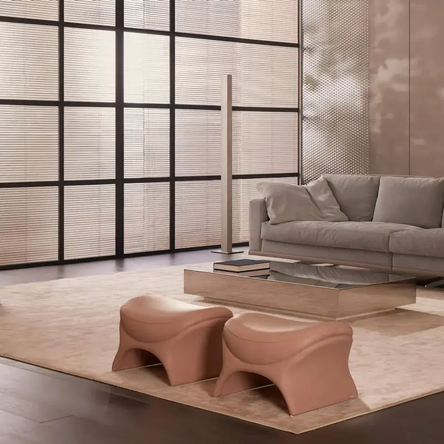 Distinctive Mascheroni La Goccia ottoman crafted in smooth light terracotta material with arched support and engraved authenticity plate