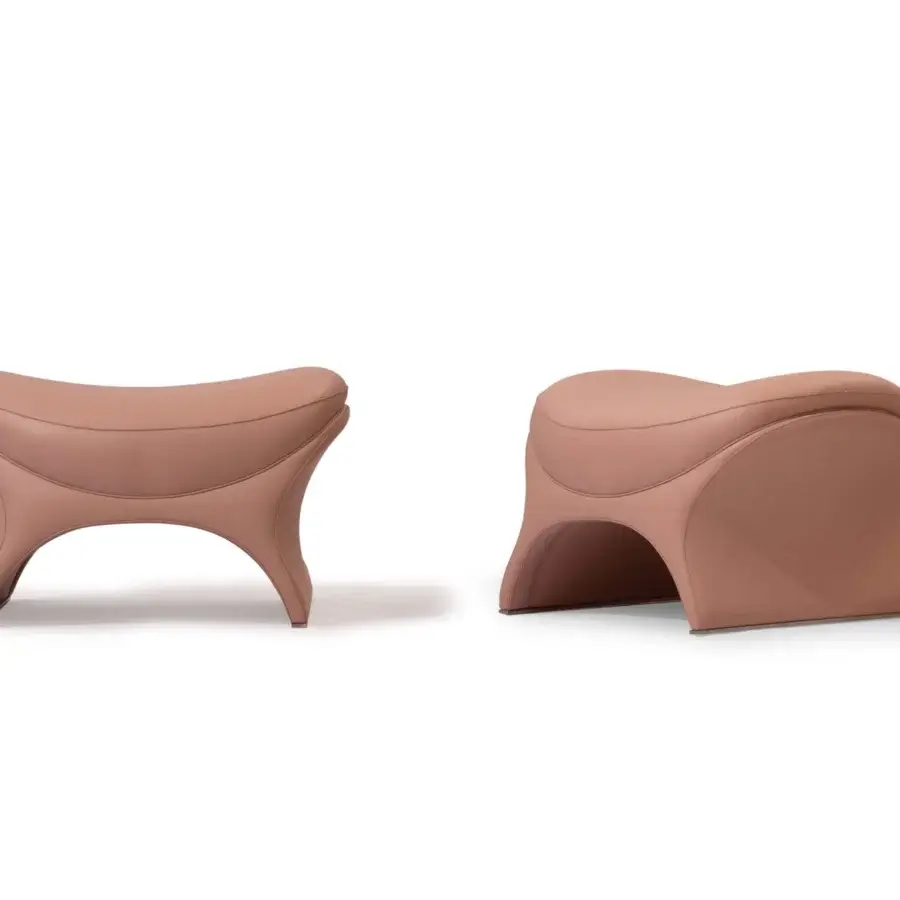 Distinguished Mascheroni La Goccia ottoman crafted in light brown material resembling leather with a matte finish