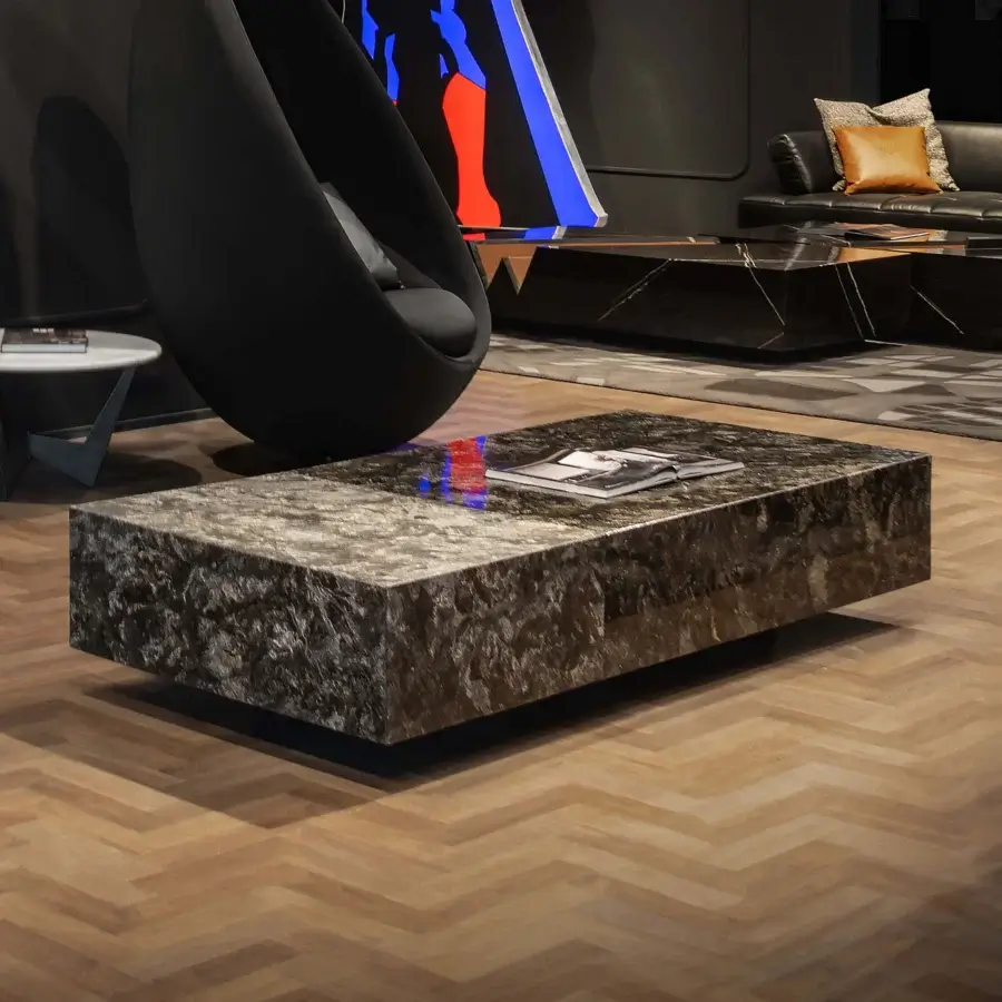 Exclusive WAYNE Enterprises WE-125 coffee table in dark mottled marble with a glossy flamed finish