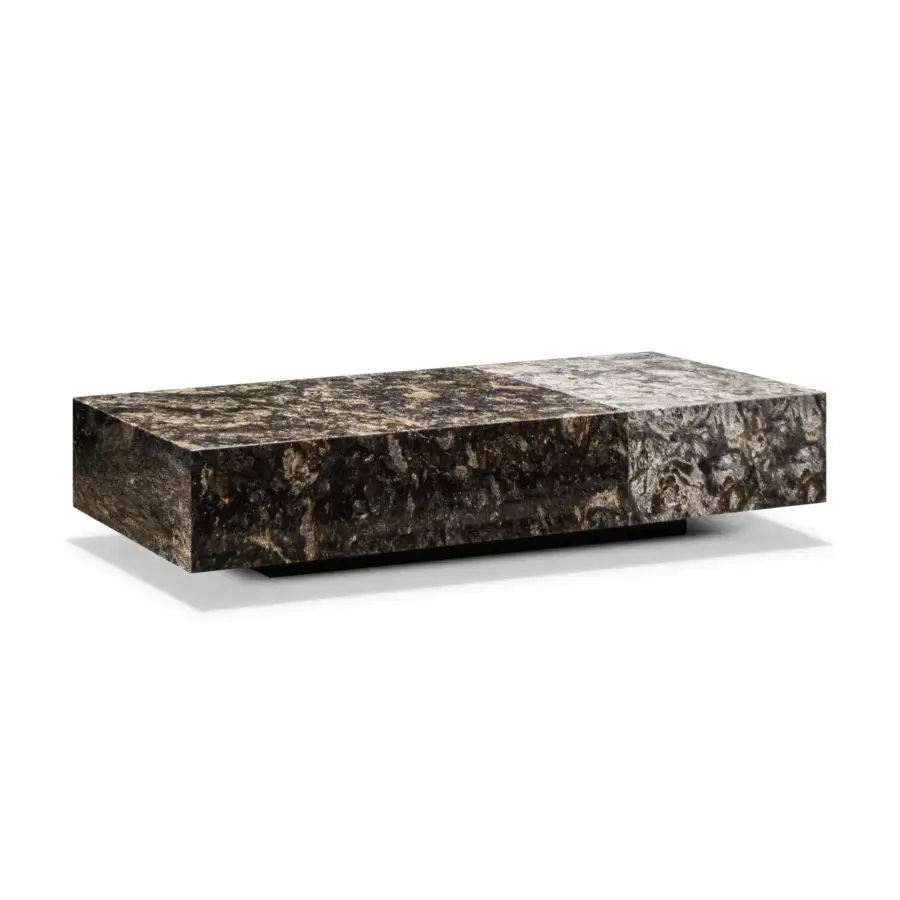 Superior WAYNE Enterprises WE-125 coffee table in Italian marble with glossy and flamed finishes displaying gold, gray, and black mottling