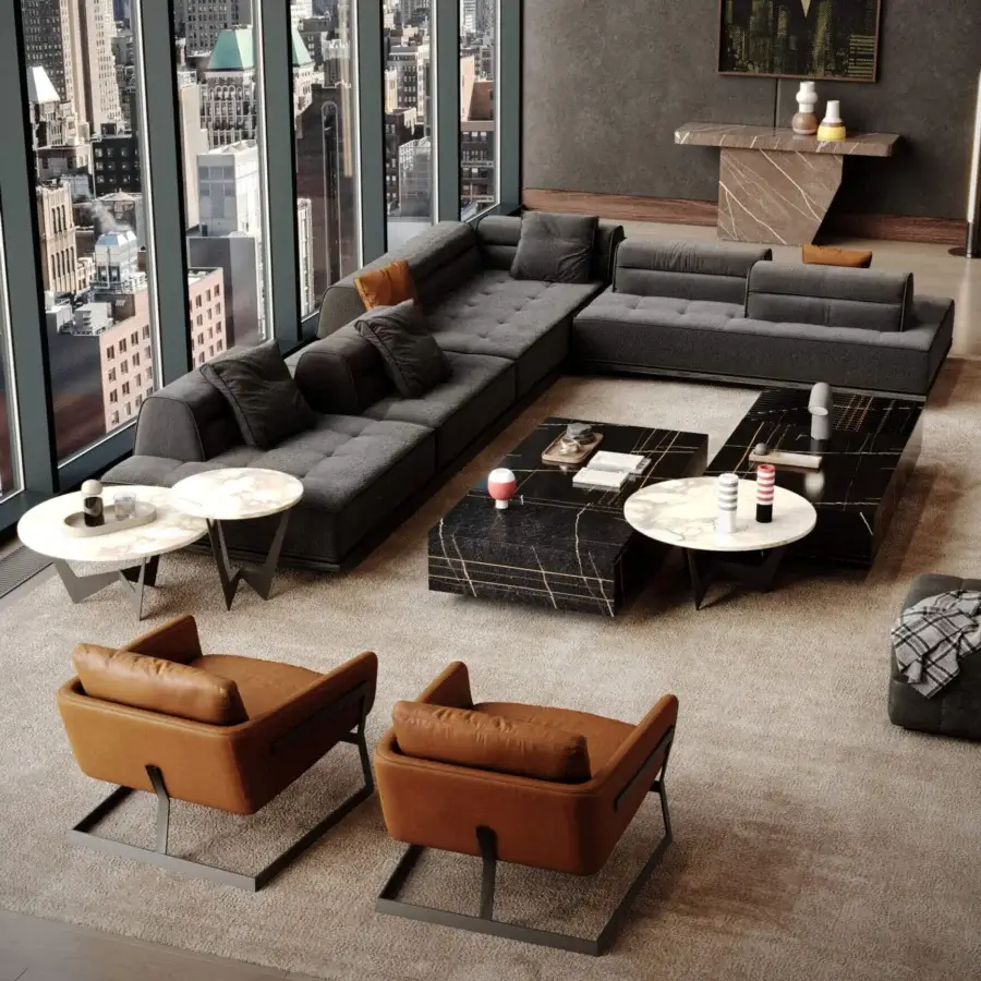 Exceptional WAYNE Enterprises WE-125 coffee table with contrasting glossy and flamed marble surfaces supported by dark metal bases