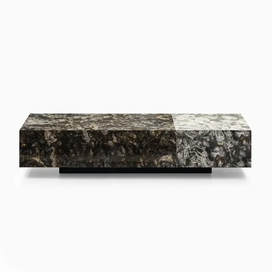 Captivating WAYNE Enterprises WE-125 coffee table crafted with flamed marble in shifting brown, gray and beige tones with a black base