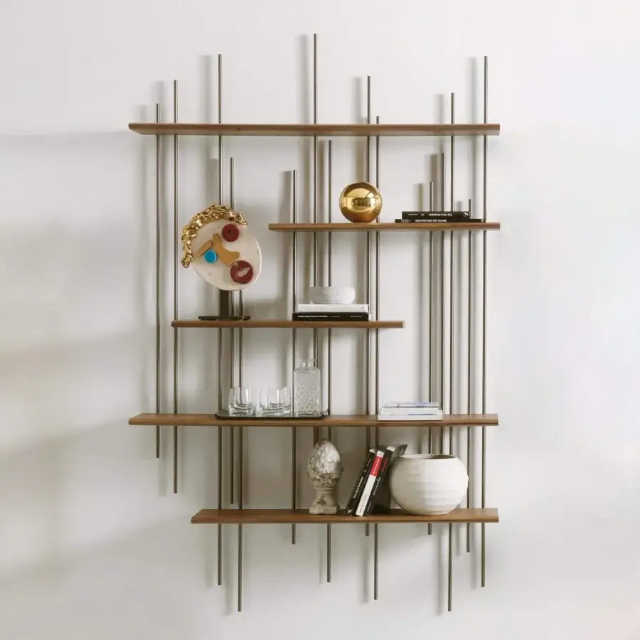 Distinguished Pacini & Cappellini Tube Bookcase shelving with titanium painted metal and warm medium-toned brown wooden supports in a matte finish