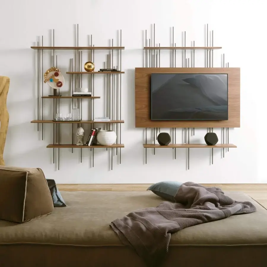 Elegant Pacini & Cappellini Tube Bookcase shelving with warm brown wooden shelves and titanium painted metal structure