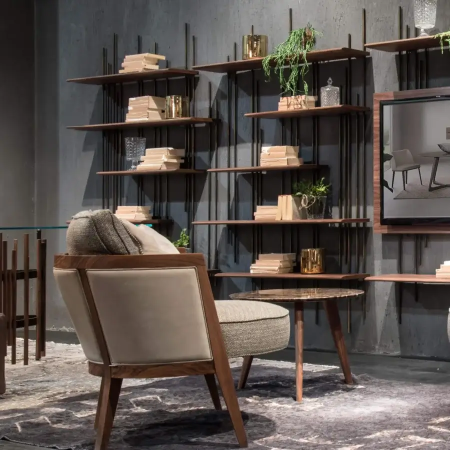 Refined Pacini & Cappellini Tube Bookcase shelving with medium brown wooden shelves and titanium colored metal structure