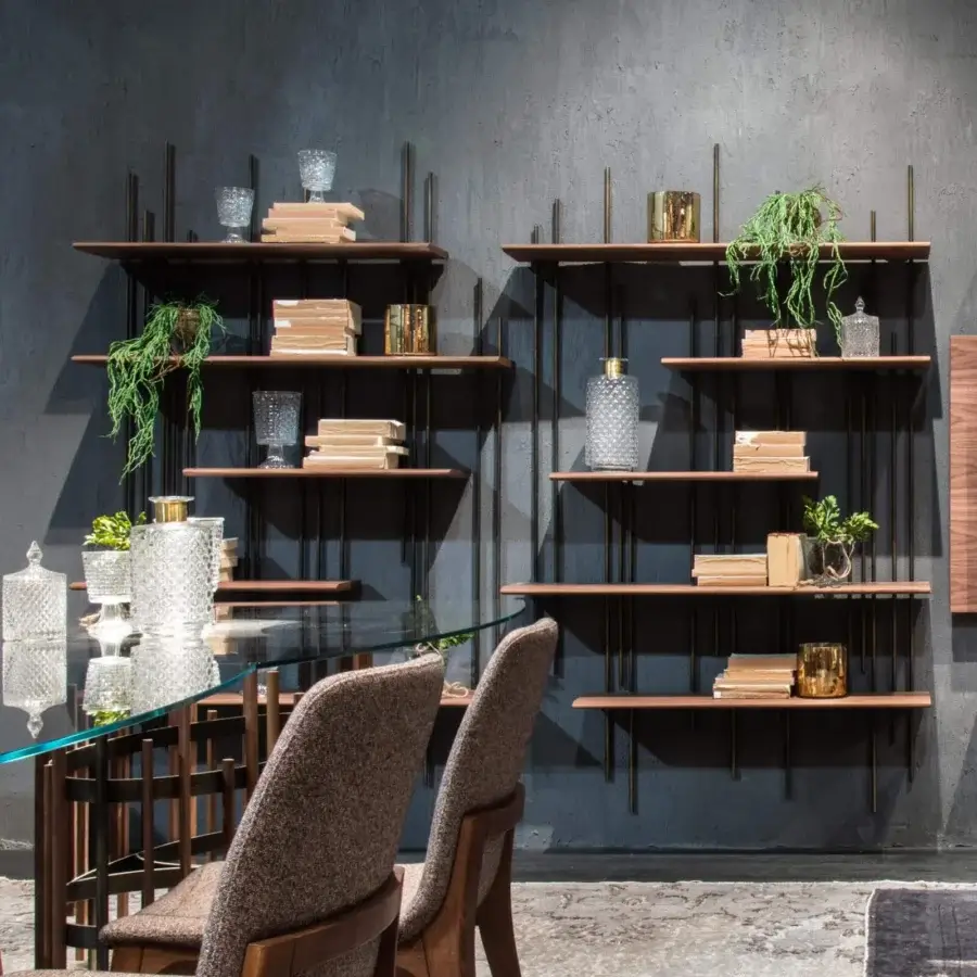 Distinguished Pacini & Cappellini Tube Bookcase shelving with titanium painted metal and light brown wooden shelves in a staggered style