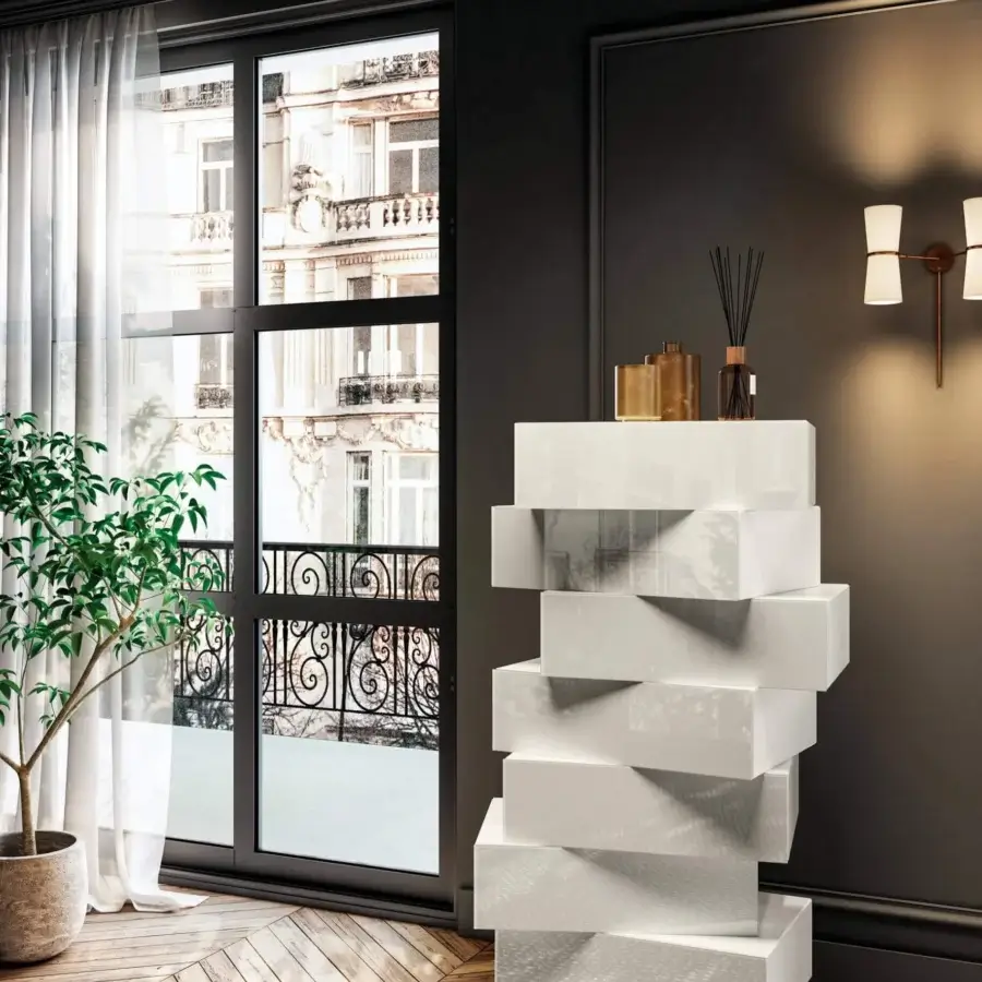Superior Lago Morgana dresser with asymmetrically stacked rotating drawers in glossy white, crafted in Italy