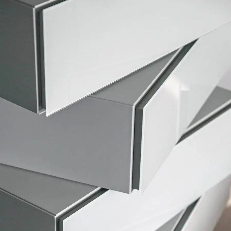 Exceptional Lago Morgana dresser crafted in Italy with stacked drawers in smooth gray and white finish creating a geometric silhouette