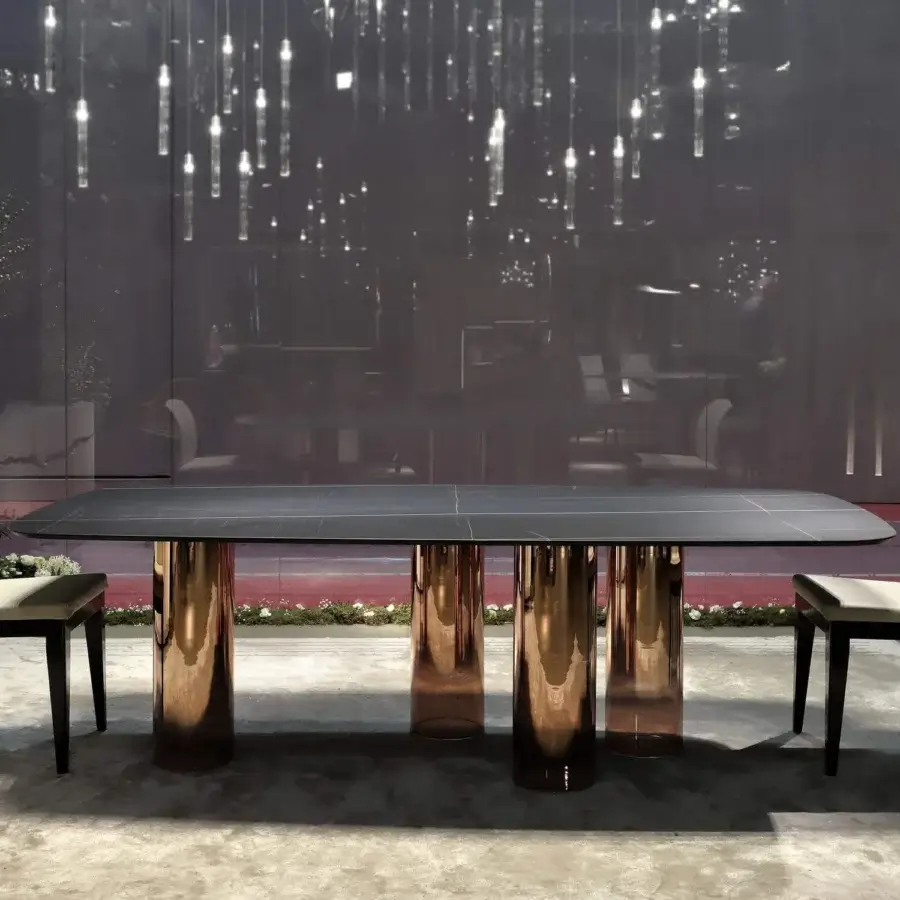 Distinguished Reflex Signore degli Anelli table with dark tabletop and Murano glass cylinders in shaded sputtering bronze finish