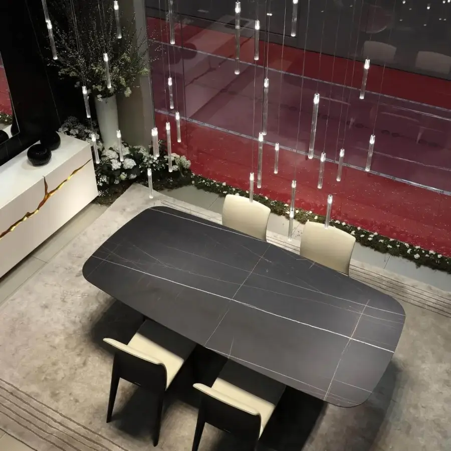 Exceptional Reflex Signore degli Anelli table with marble glass top and transparent Murano glass cylinders in its base