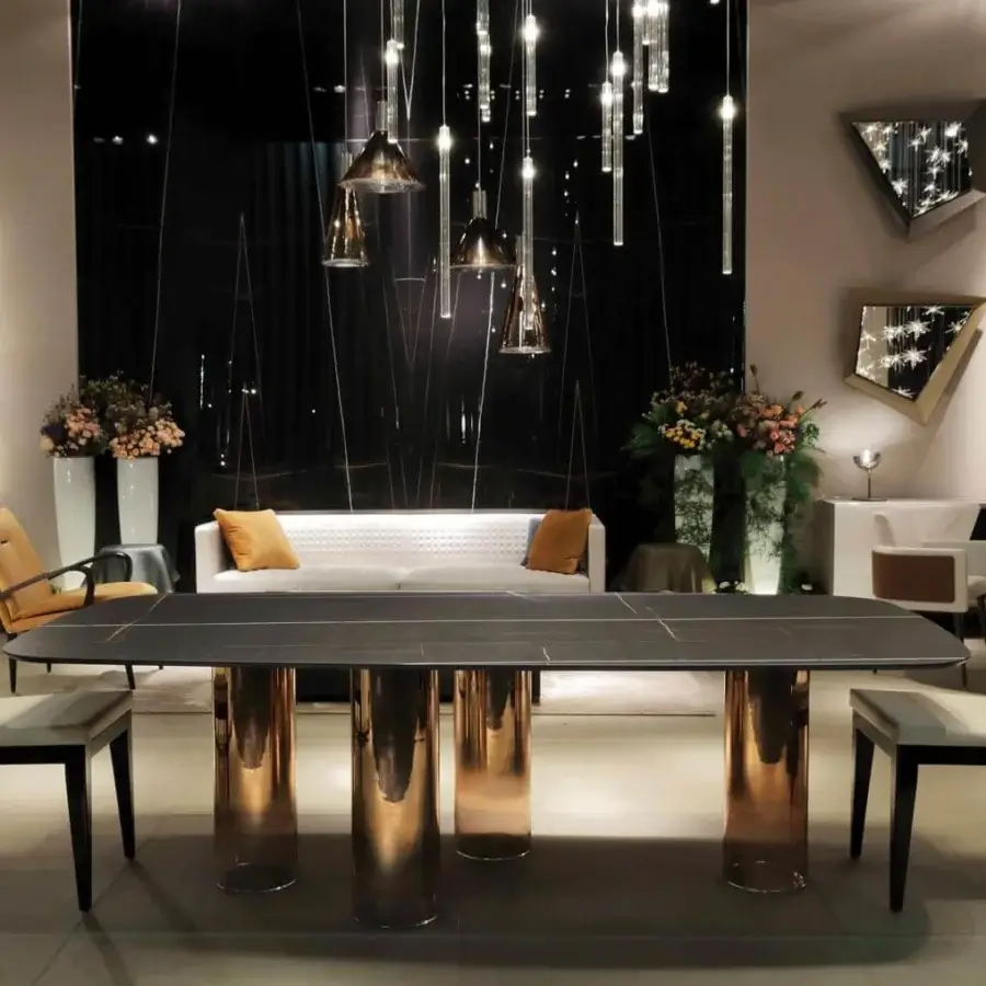 Superior Reflex Signore degli Anelli table with marble glass top and shaded sputtering bronze Murano glass cylinders