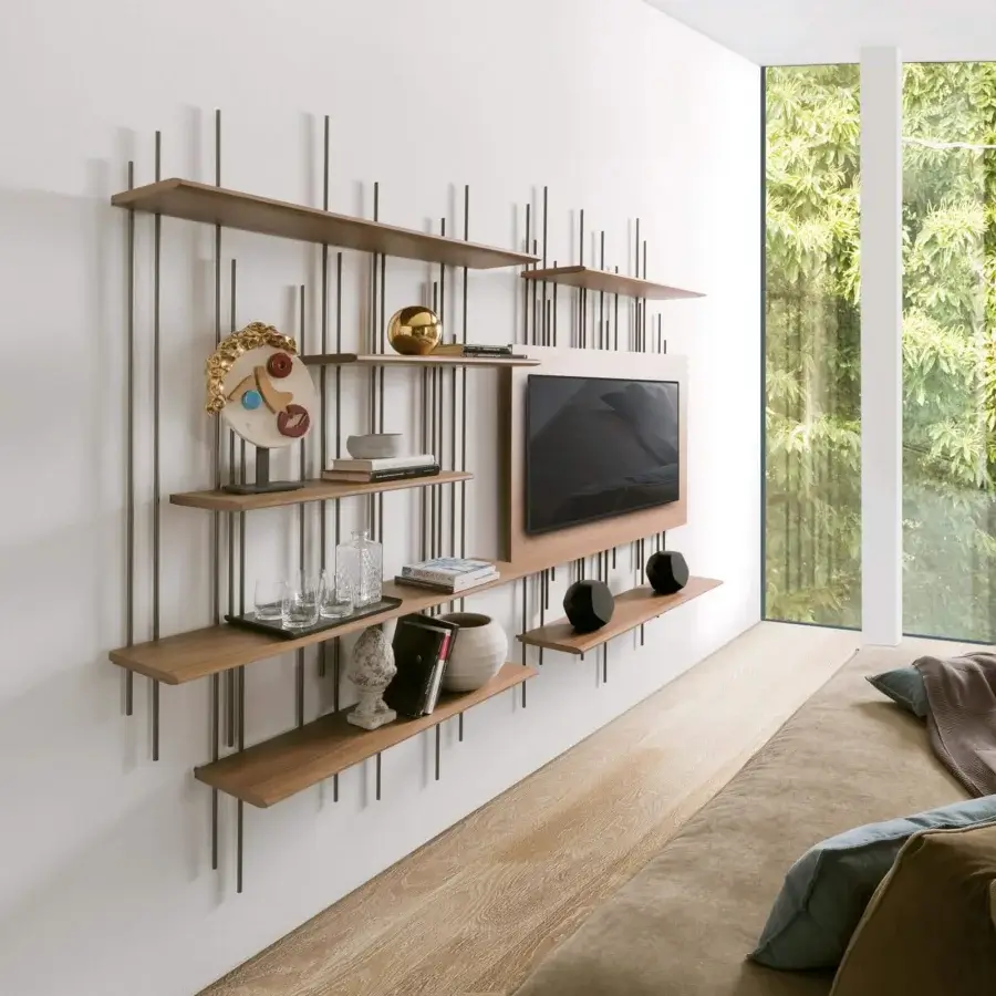 Superior Pacini & Cappellini Tube TV stand with titanium metal and smooth matte brown wood shelving