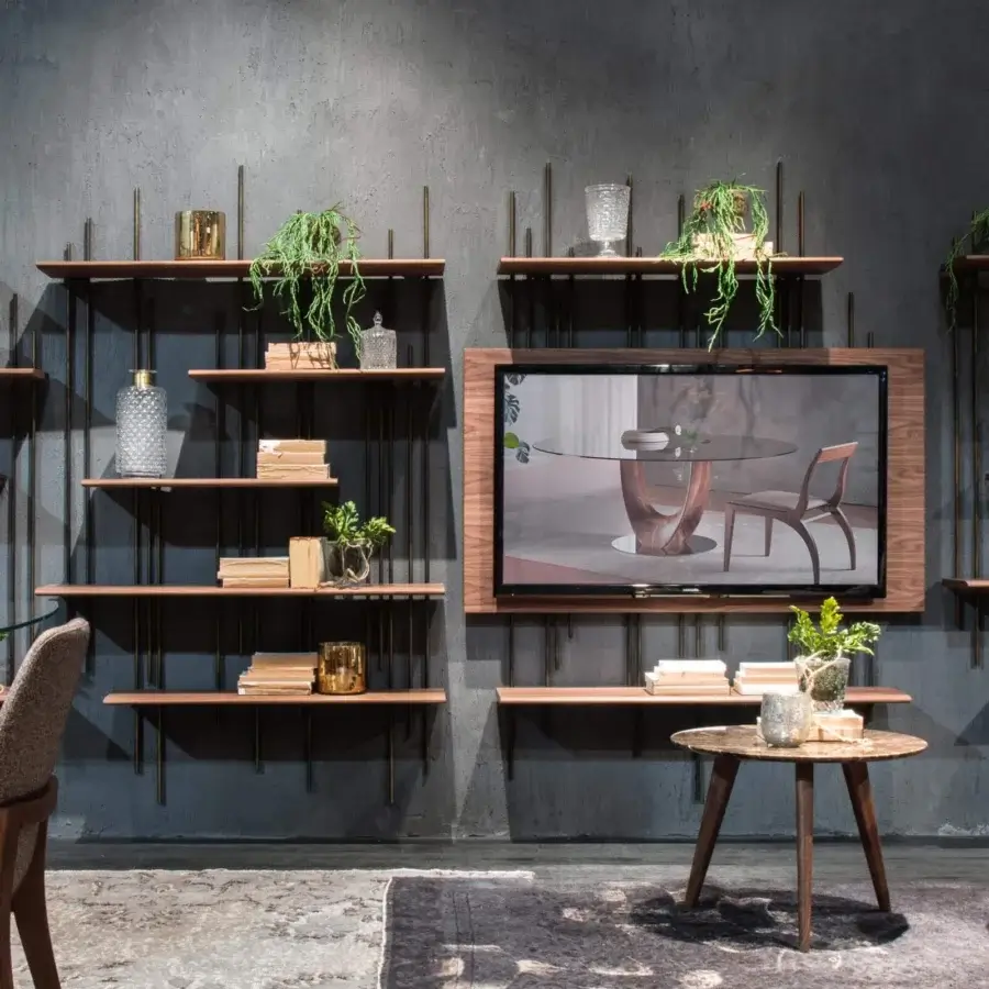Elegant Pacini & Cappellini Tube TV stand with titanium metal and wood grain finished panel