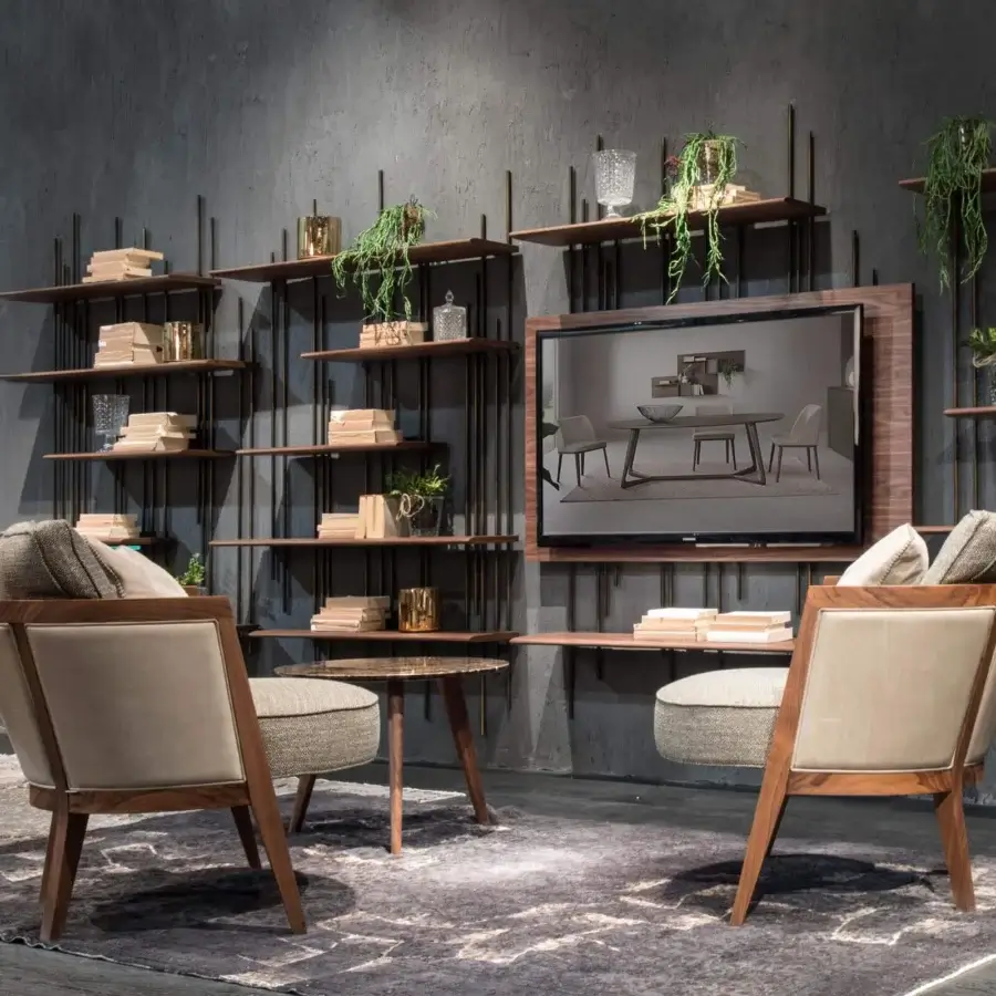 Distinguished Pacini & Cappellini Tube TV stand with titanium metal structure and warm brown wooden panels and shelves