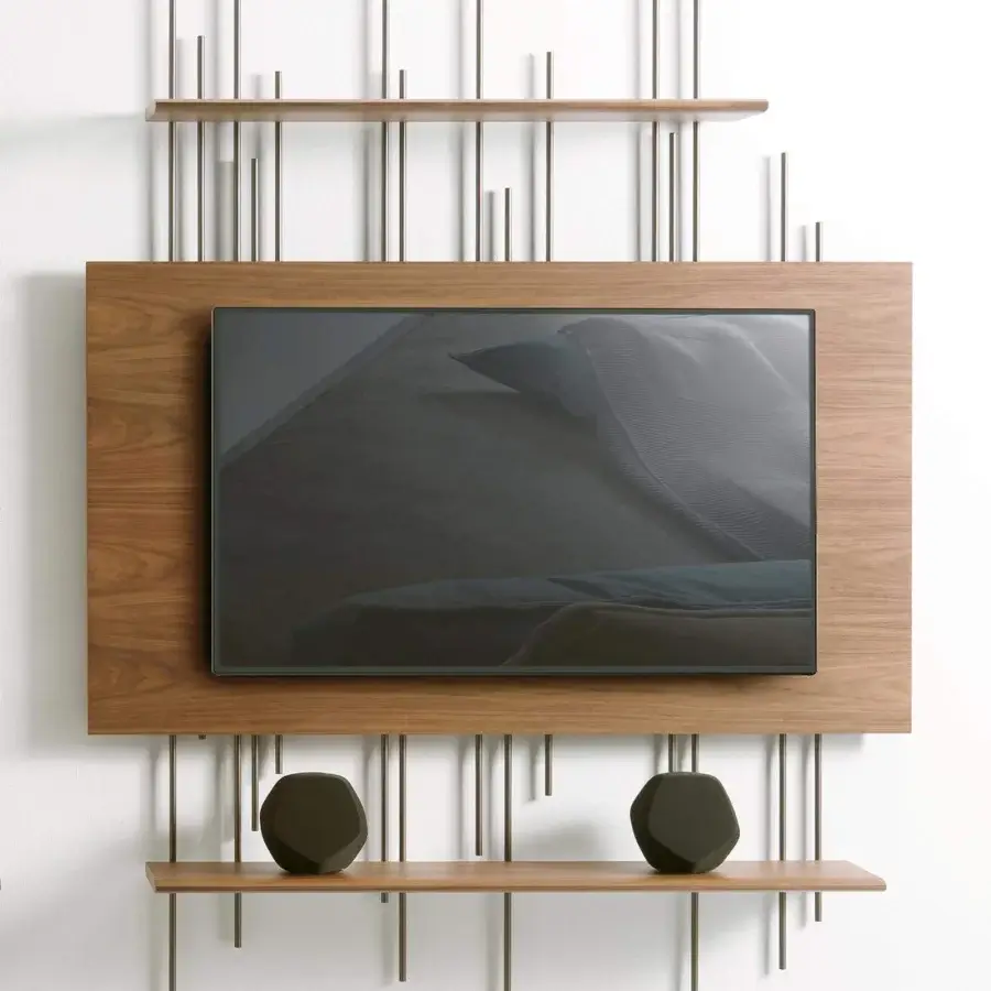 Innovative Pacini & Cappellini Tube TV stand with titanium metal structure and light brown wooden shelves