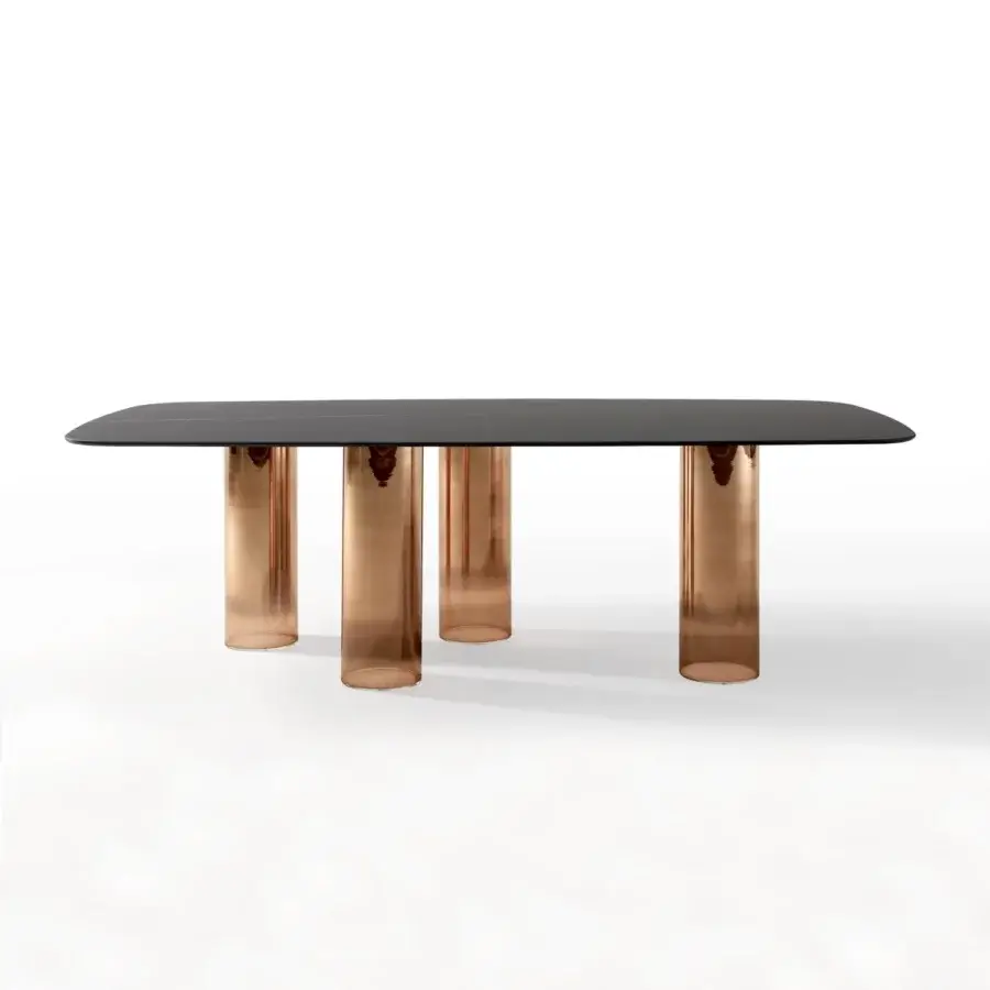 Elegant Reflex Signore degli Anelli table with dark glass top and Murano glass cylinders in sputtering bronze finish