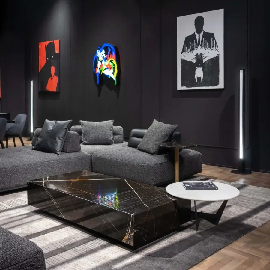 Distinguished WAYNE Enterprises WE-172 coffee table in marble with gold veining and lacquered base exhibiting a glossy finish