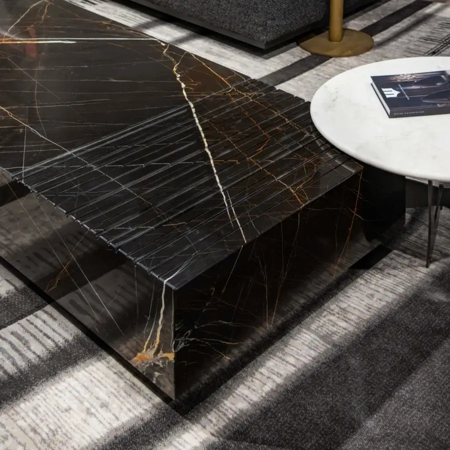 Exceptional WAYNE Enterprises WE-172 coffee table in dark marble with white and gold veining and glossy finish