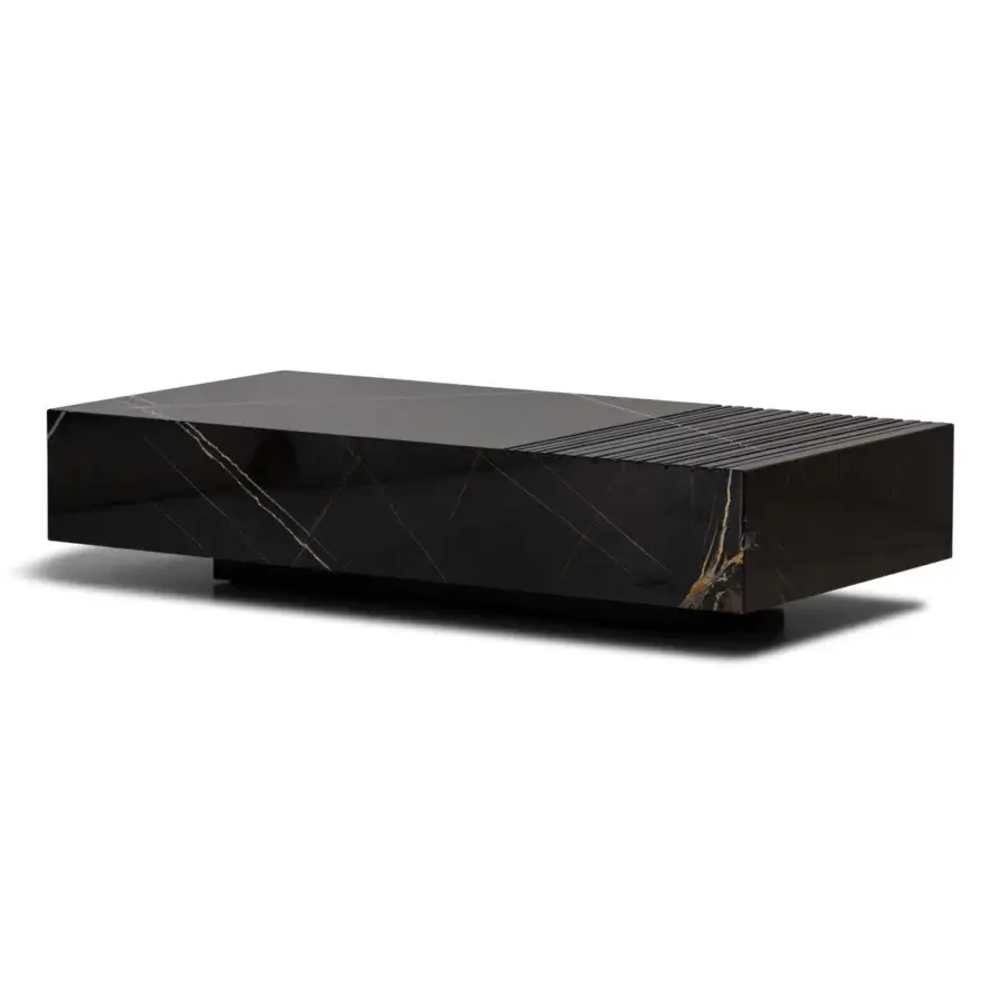 Distinguished WAYNE Enterprises WE-172 coffee table in dark marble with gold veining and lacquered recessed base crafted in Italy