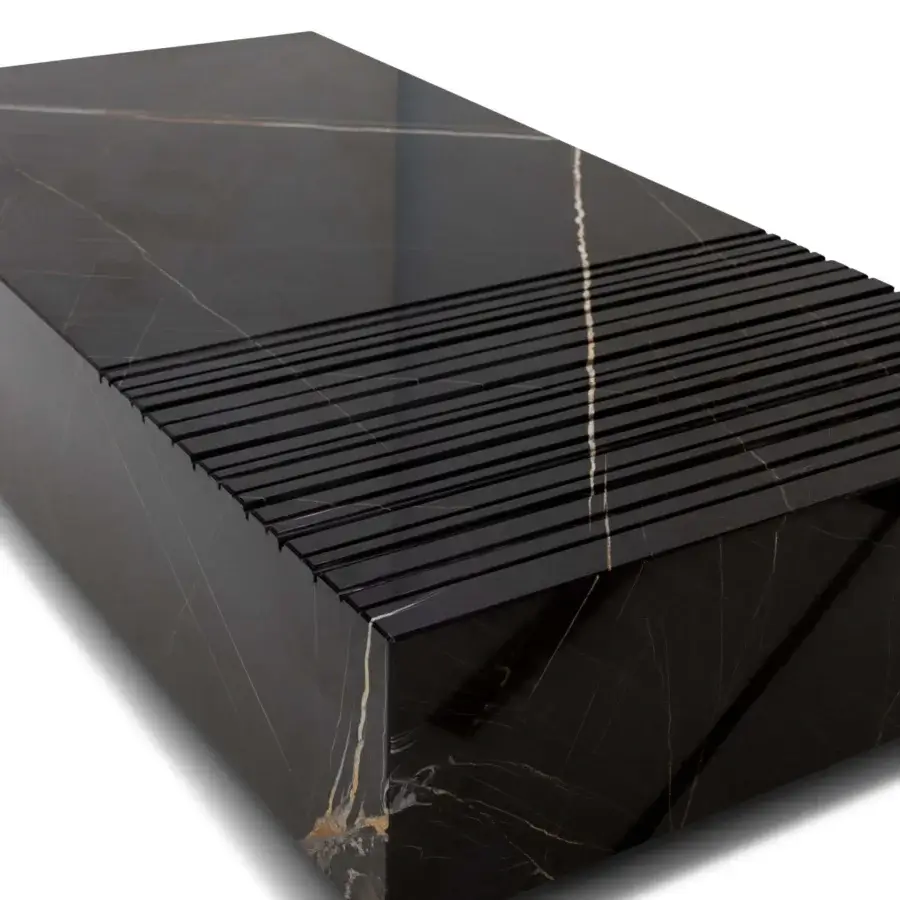 Exceptional WAYNE Enterprises WE-172 coffee table crafted in dark marble with golden veining and glossy lacquered finish