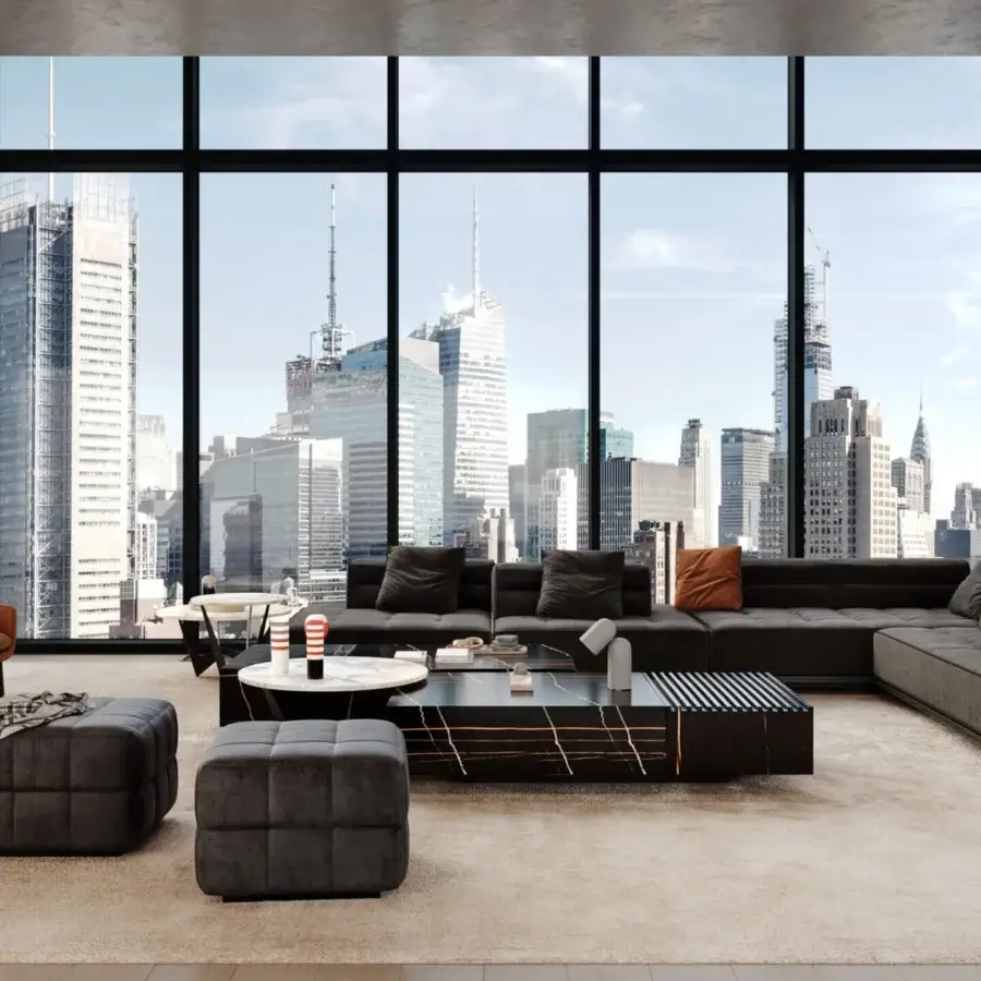 Distinguished WAYNE Enterprises WE-172 coffee table with white marble top, dark lacquered base and engraved patterned detail