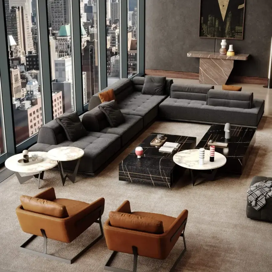 Exclusive WAYNE Enterprises WE-172 coffee table with dark marble top, light veining and glossy lacquered base