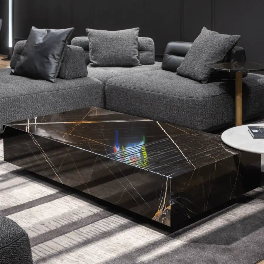 Distinguished WAYNE Enterprises WE-172 coffee table with glossy dark marble and striking gold veining crafted in Italy