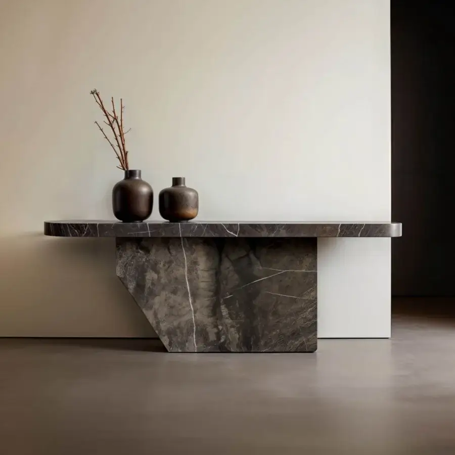 Superior WAYNE Enterprises WE-152 console crafted in Italy with dark mottled gray marble and lighter veining, presenting a matte finish