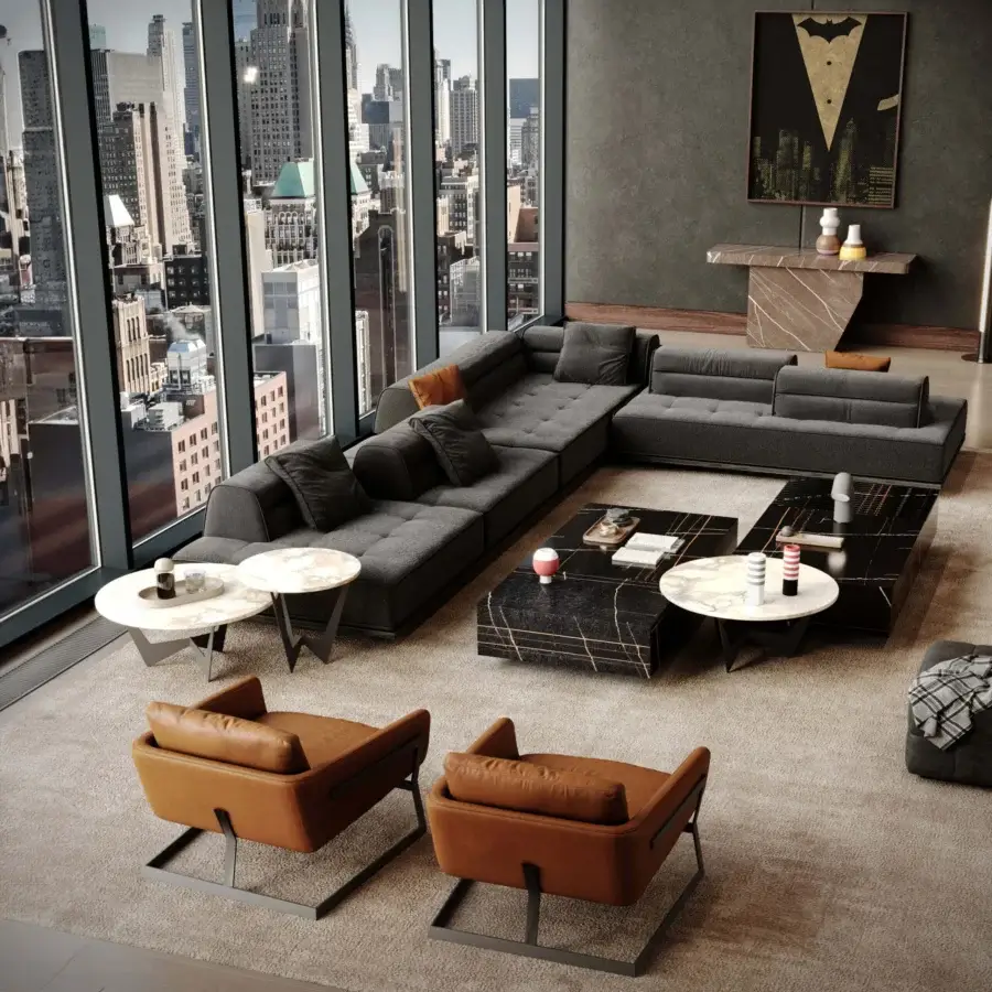 Distinctive WAYNE Enterprises WE-152 console crafted from Italian marble with glossy finish and linear white veining