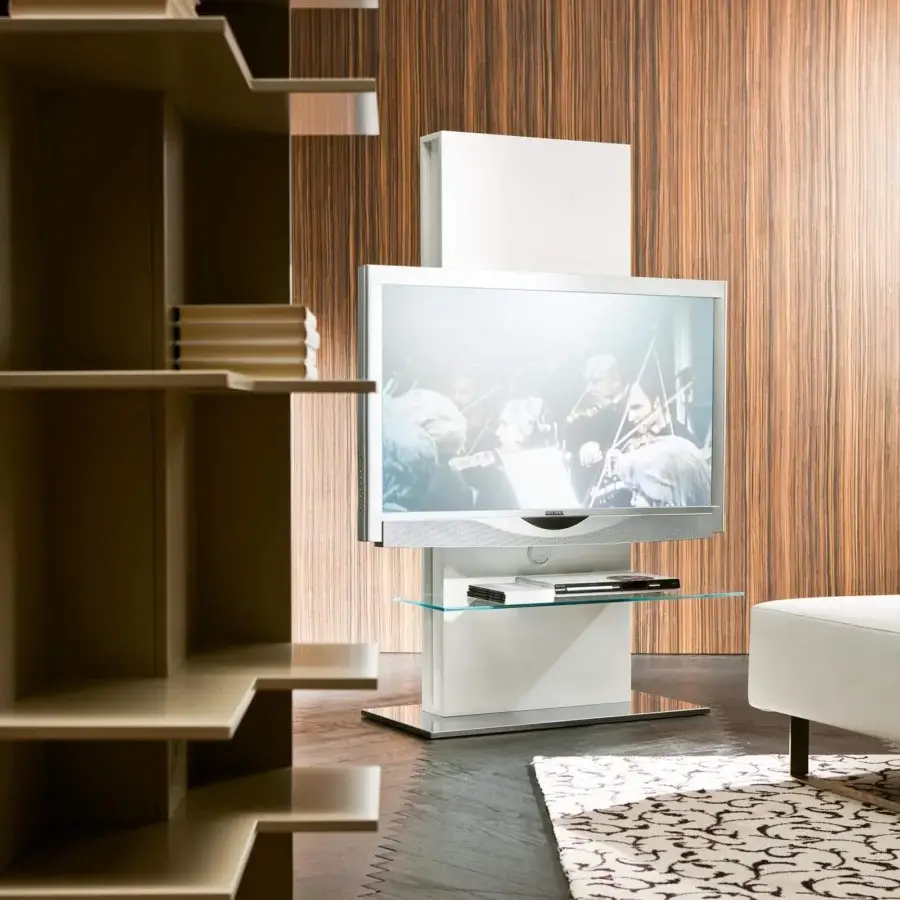 Distinguished Pacini & Cappellini Totem TV stand with a white veneered wood column and polished super-mirror base crafted in Italy