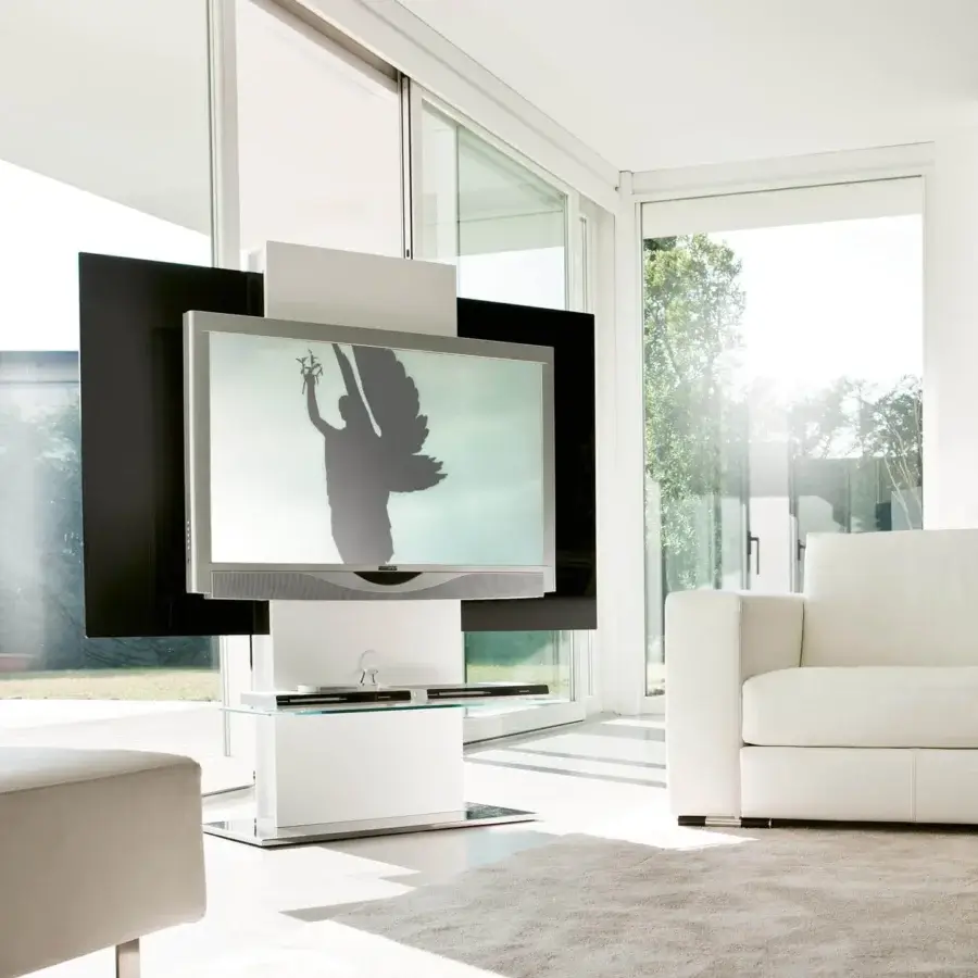 Exceptional Pacini & Cappellini Totem TV stand with a white veneered wood column and polished super-mirror base supporting clear glass