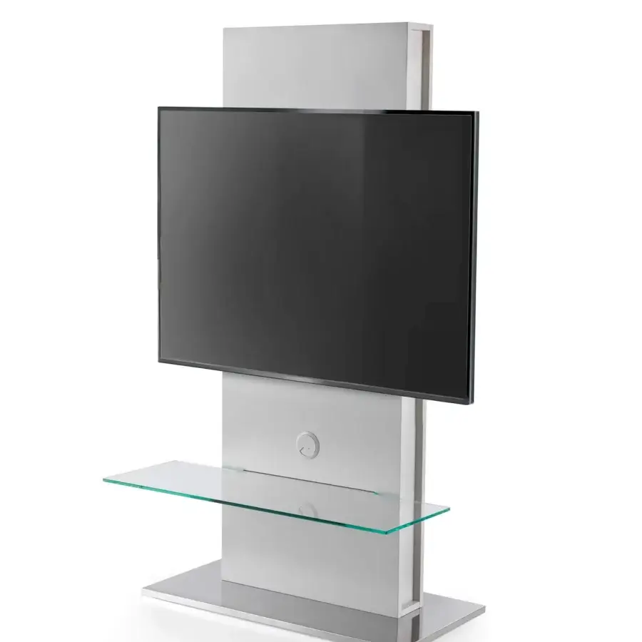 Elegant Pacini & Cappellini Totem TV stand with a veneered wood column and polished super-mirror base including a tempered glass shelf
