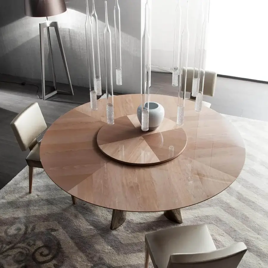 Exclusive Costantini Pietro table with a glossy light brown beech wood top and stainless steel base