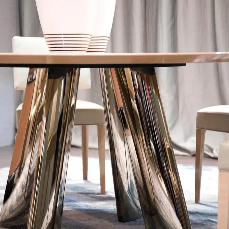 Distinguished Costantini Pietro table with a rectangular beech wood top and striking stainless steel base crafted in Italy