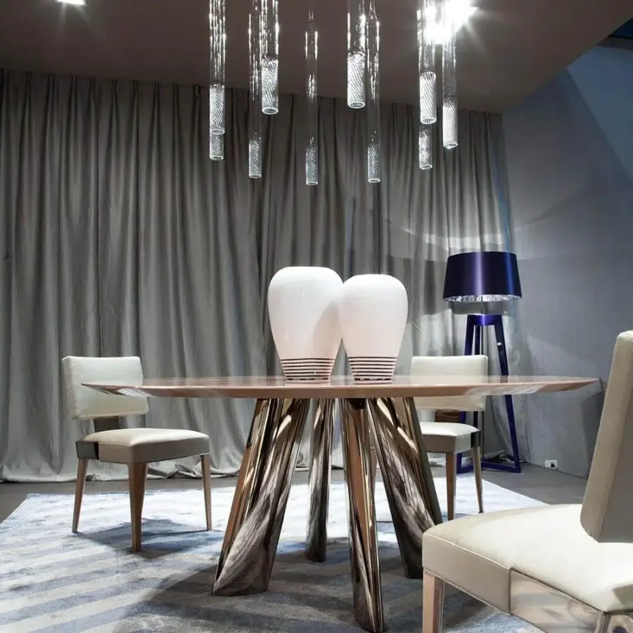 Superior Costantini Pietro table with light brown beech wood and a bundle-like stainless steel base in chrome finish