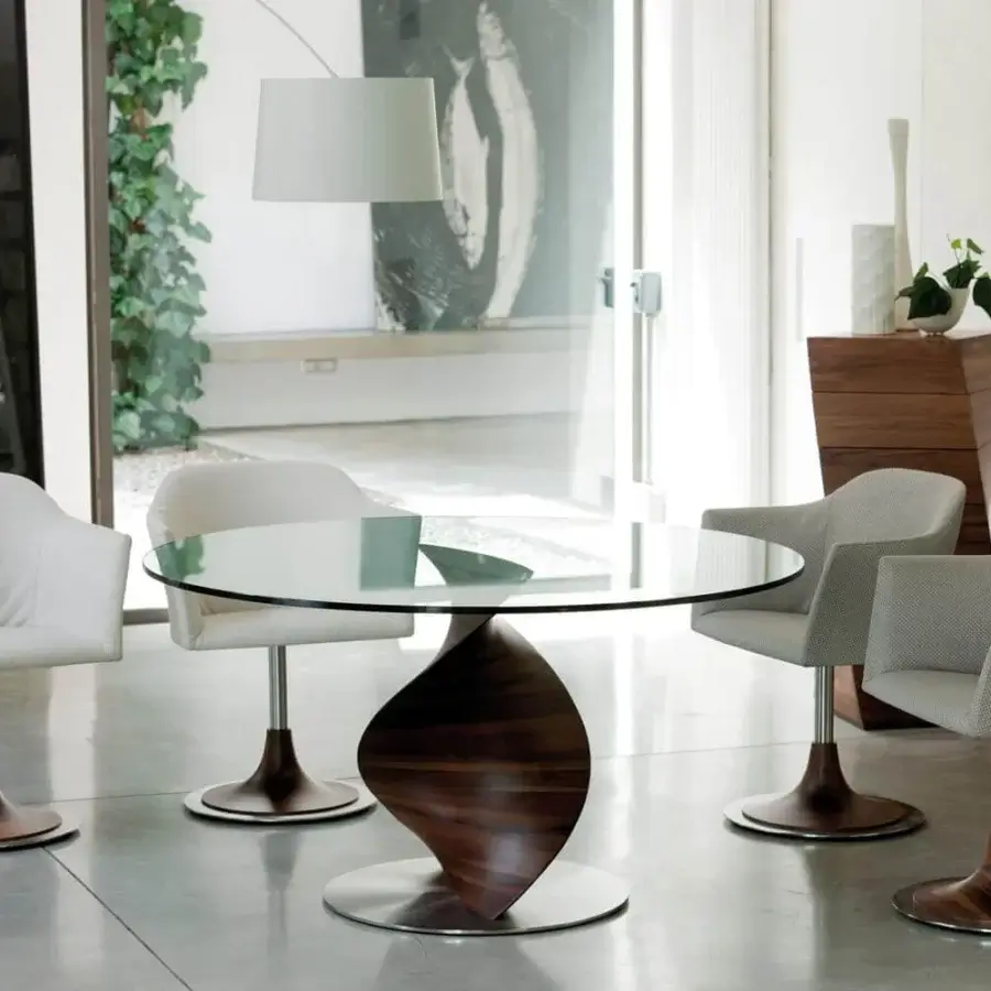 Captivating Porada Elika table with solid canaletto walnut base and clear tempered glass top in glossy finish