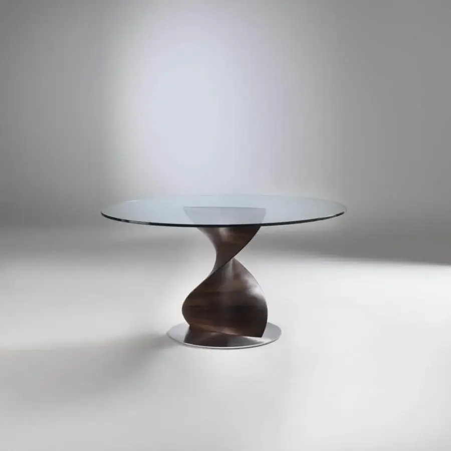 Exceptional Porada Elika table with clear glass top and twisting canaletto walnut base in wenge stained finish
