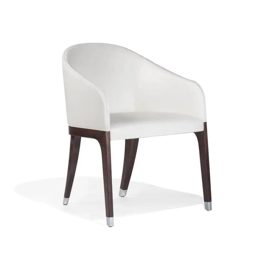 Lavish Potocco Miura armchair with sinuous lines upholstered in white material and a matte beech structure