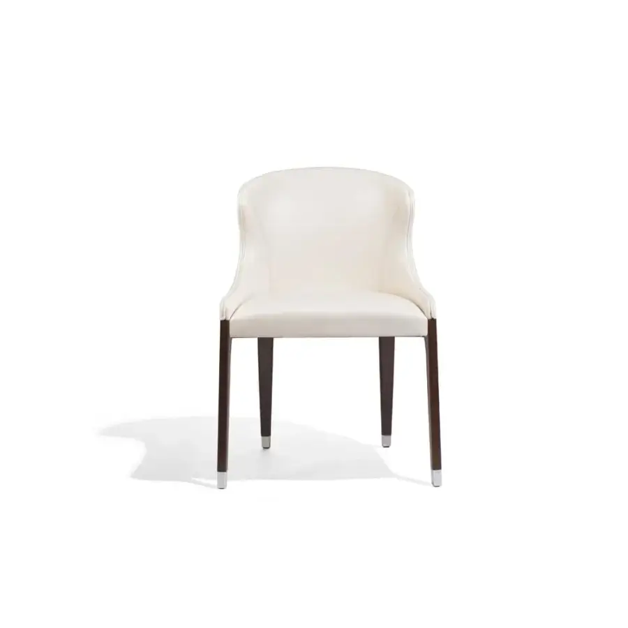 Exceptional Potocco Miura chair with curved silhouette, smooth cream fabric upholstery and glossy dark brown beech legs