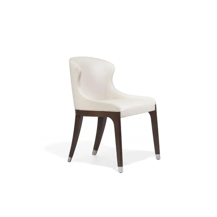 Elegant Potocco Miura chair with soft curves, light cream leather upholstery and dark-toned beech wood construction