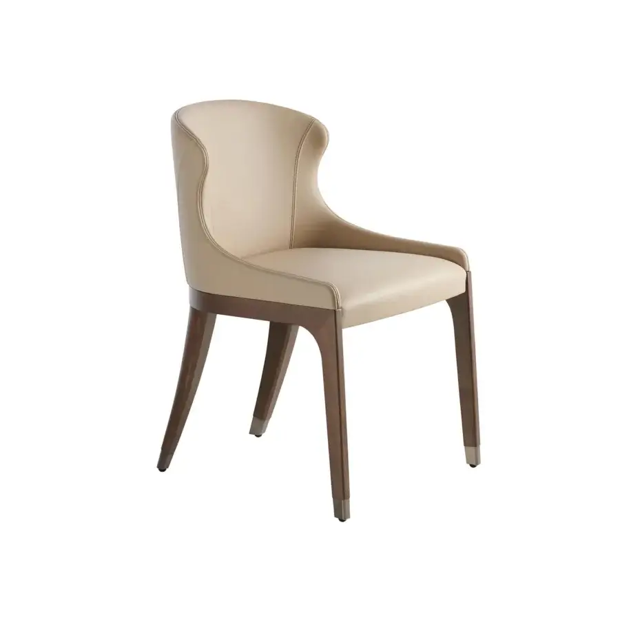 Superior Potocco Miura chair with beech wood legs, light beige upholstery and visible stitching throughout its curved form
