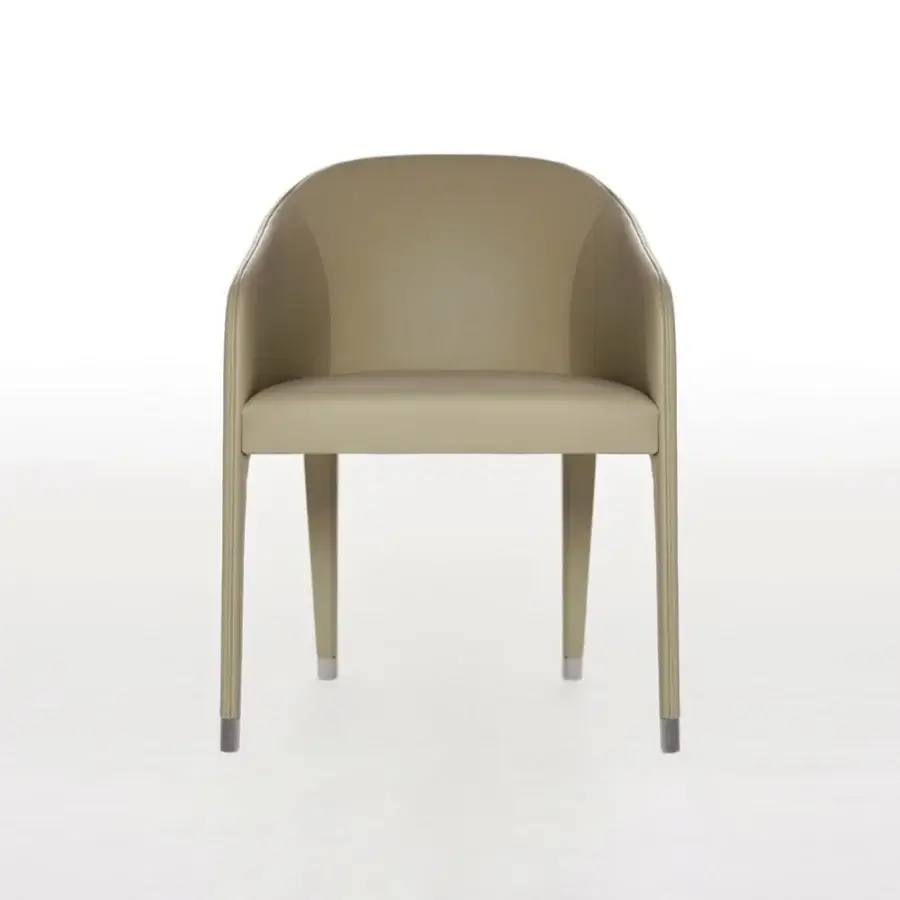 Elegant Potocco Miura armchair with light tan smooth matte leather upholstery and cylindrical metal-capped legs